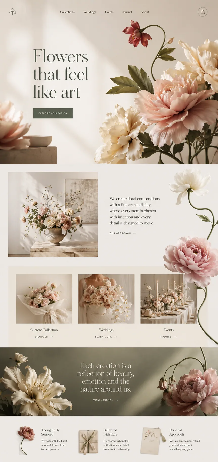 Premium floral landing page design with artistic flower visuals and elegant editorial layout.